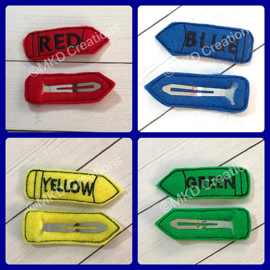 Blue Red Green and/or Yellow Crayon hair clips | Girl hair accessory | Back to School hair clips | Sold separately or Pick your set