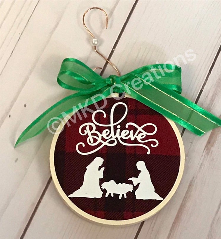 FREE SHIPPING Believe heat transfer vinyl Buffalo Plaid Christmas Ornament on a 3 inch embroidery hoop