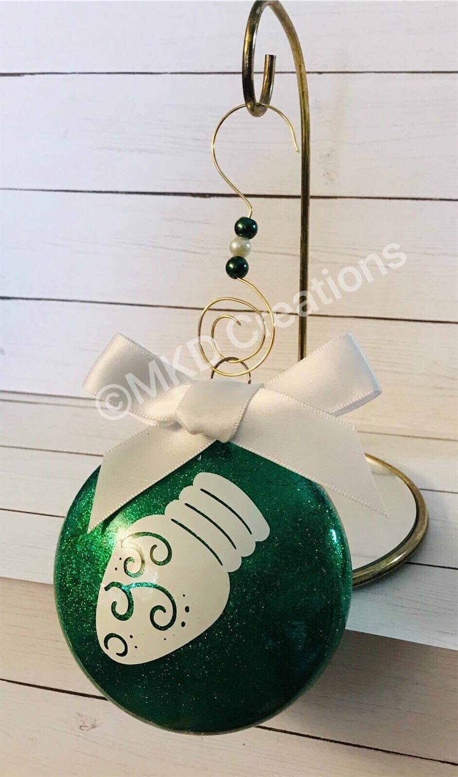 Ornament light bulb Glittered Ornaments | Plastic 3 inch disks filled with Green glitter with hook & bow | Christmas Ornament