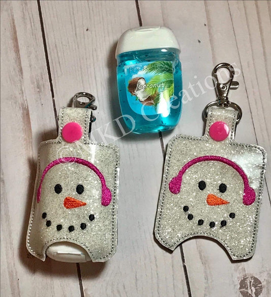 Hand sanitizer key chain holder Snowman With Pink Earmuffs Key chain hand sanitizer holder for 1 oz. hand sanitizer not included