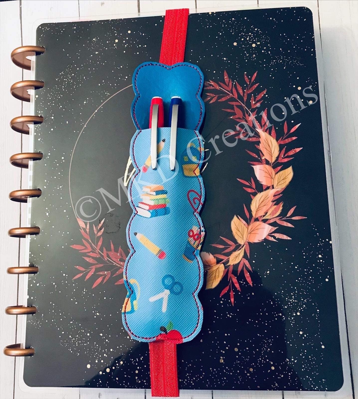 Light blue with school supplies Elastic band pen holders for a planner, notebook bookmark without a pen, pen pouch