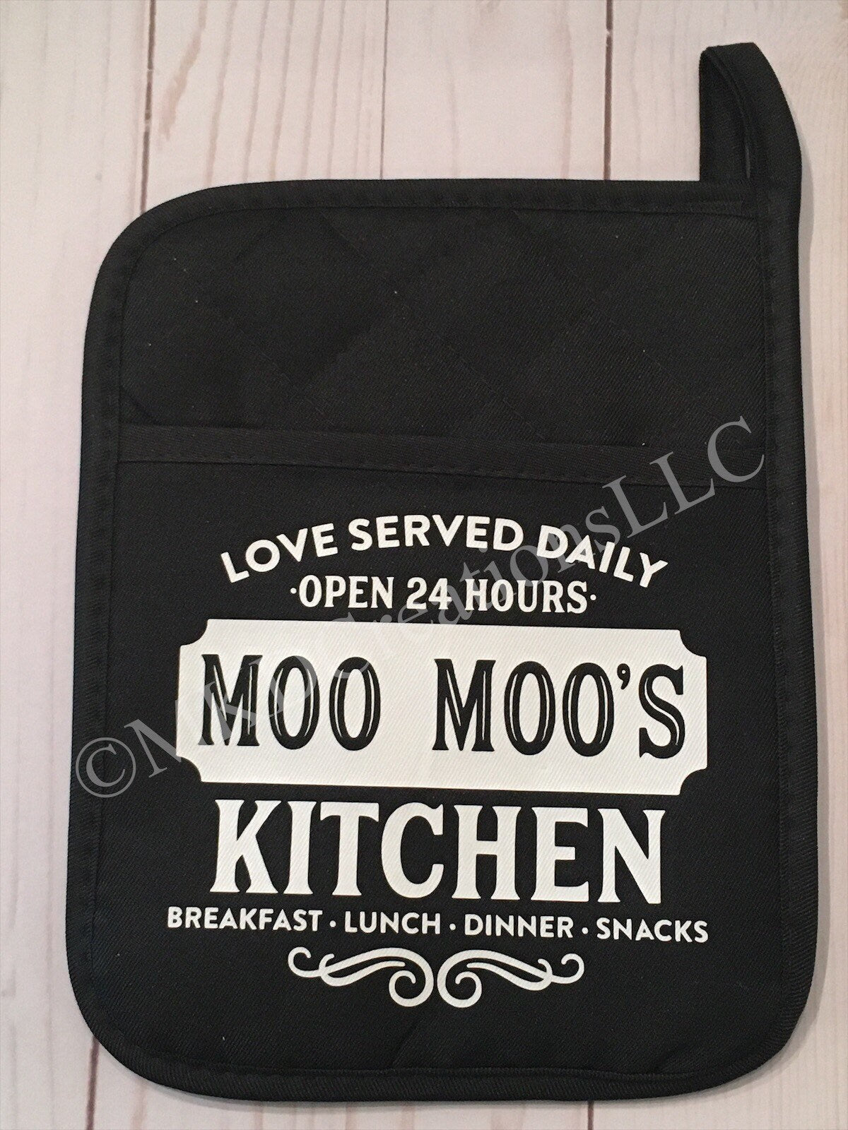Pot Holders only Love served daily Mom's Kitchen | Pot holder colors available  Black | Teal | Red | Gray |