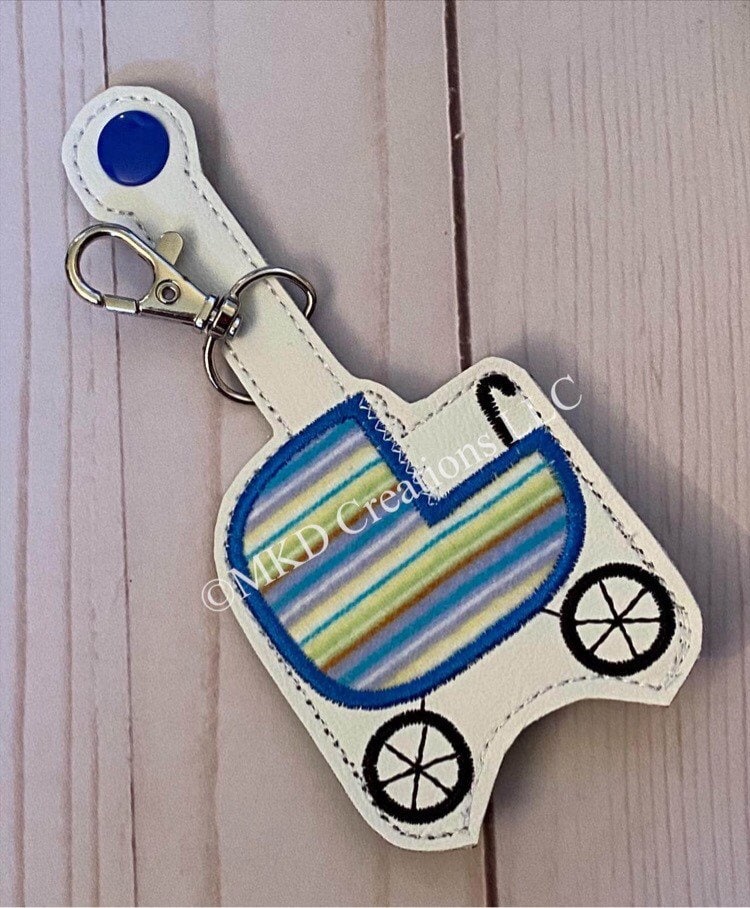 Baby carriage striped appliqué with blue stitching on vinyl Key chain hand sanitizer holder | keychain hand sanitizer not included