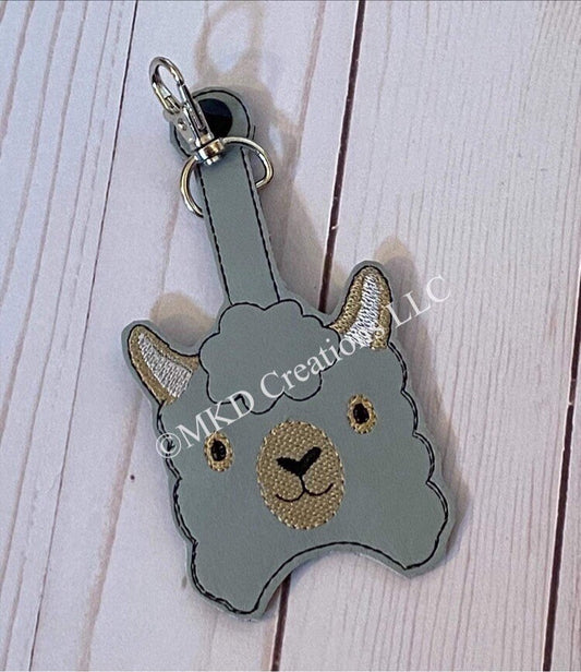 Llama with stitching on grey vinyl Key chain hand sanitizer holder | keychain hand sanitizer not included