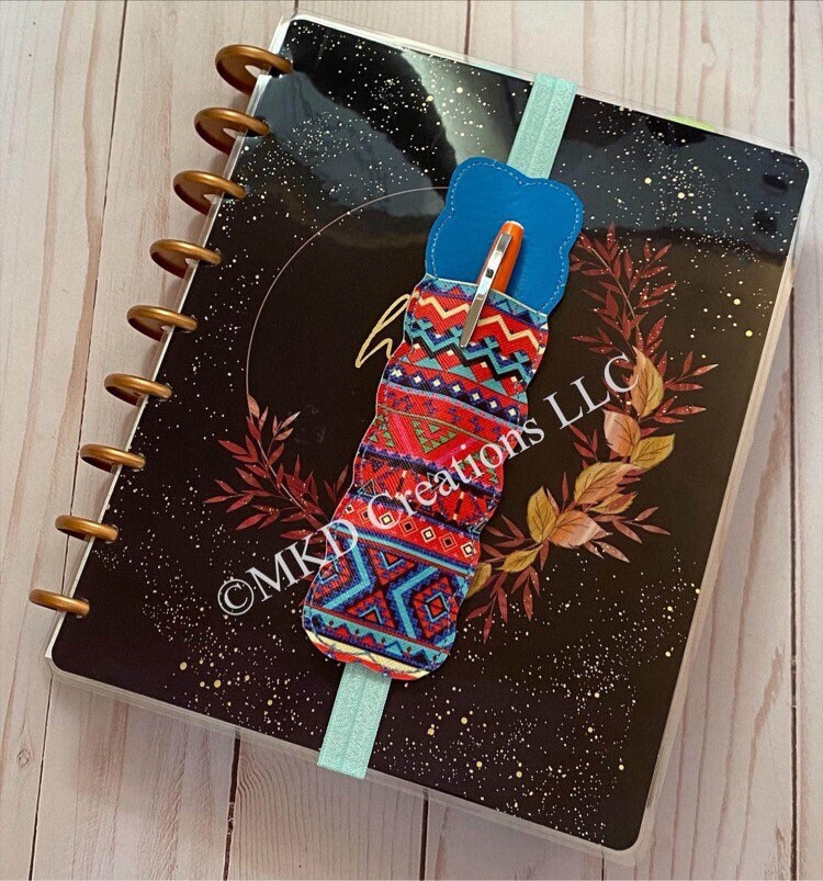 Blue and red zig zag pattern with Elastic band pen holders for a planner, notebook bookmark without a pen, pen pouch