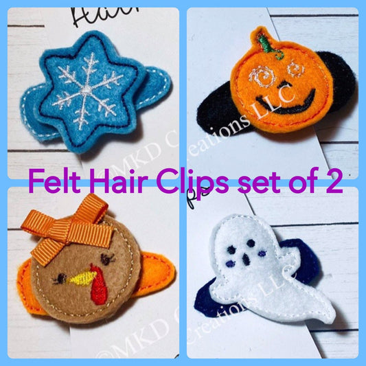 Felt hair clips | Ghost | Pumpkin | Snowflake | Turkey | Girl hair accessory | Back to School hair clips