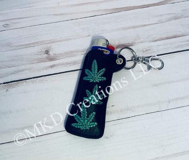 Leafy embroidered lighter holder with clip | Pot Leaf embroidered lighter case keychain with clip