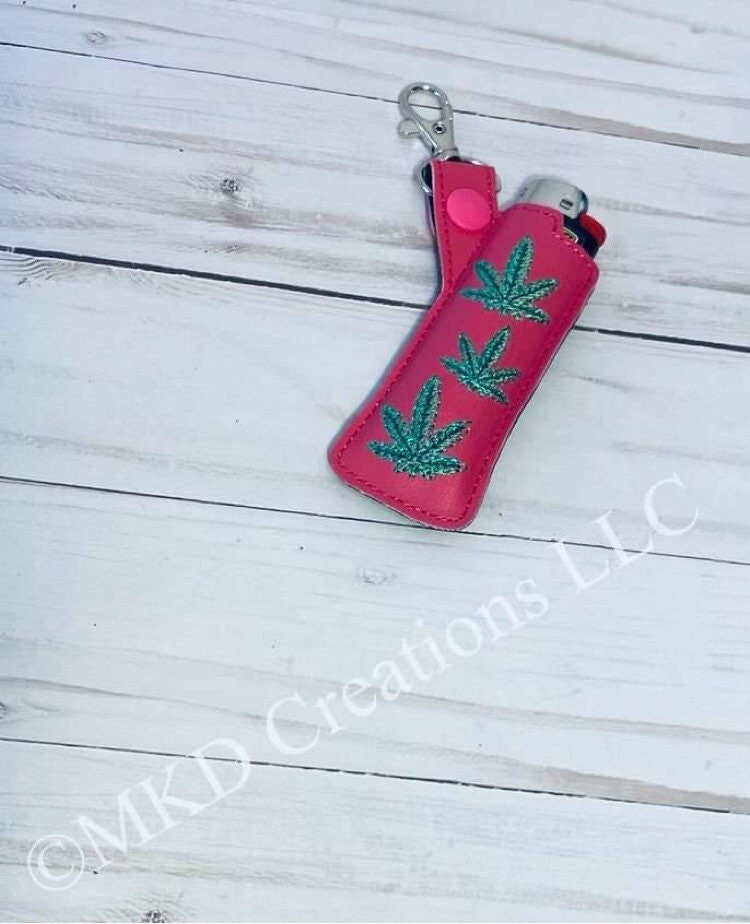 Leafy embroidered lighter holder with clip | Pot Leaf embroidered lighter case keychain with clip