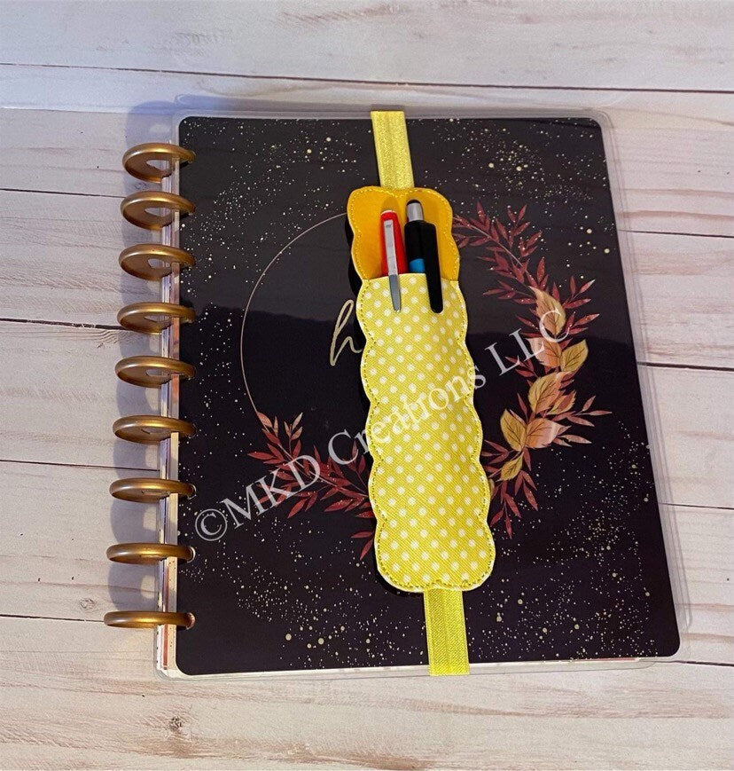 Yellow with white polka dots vinyl with Elastic band pen holders for a planner, notebook bookmark without a pen, pen pouch