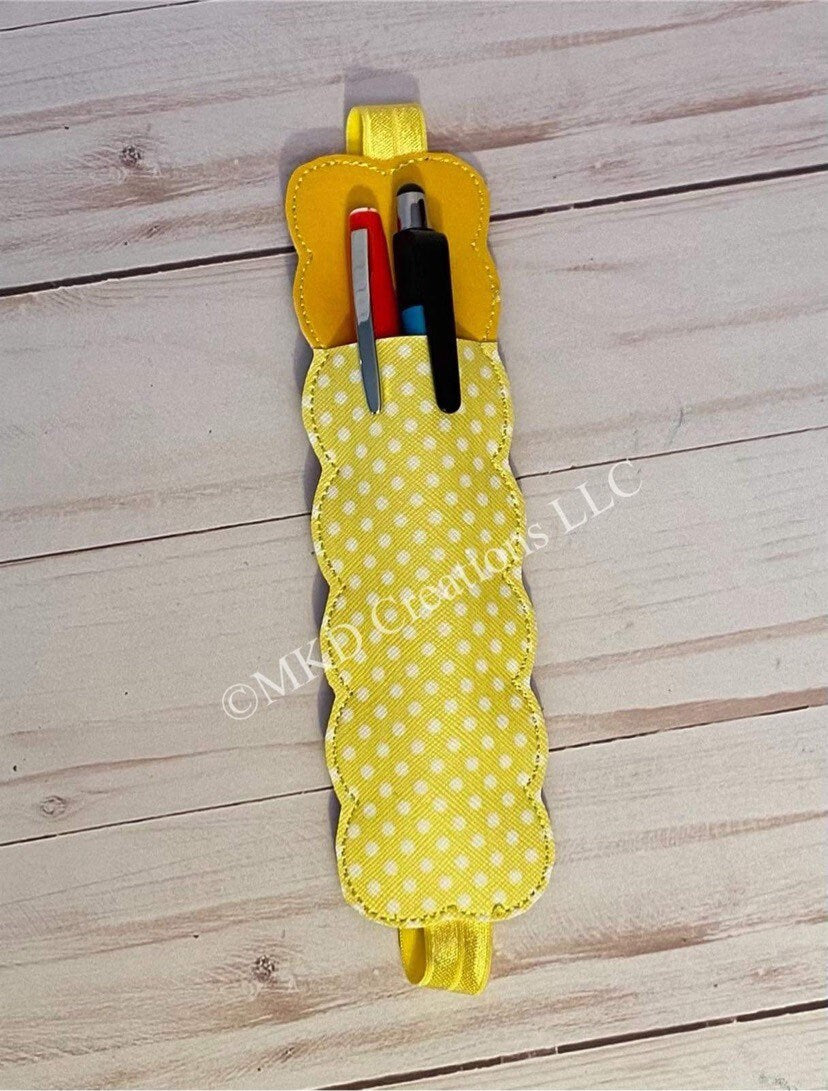 Yellow with white polka dots vinyl with Elastic band pen holders for a planner, notebook bookmark without a pen, pen pouch