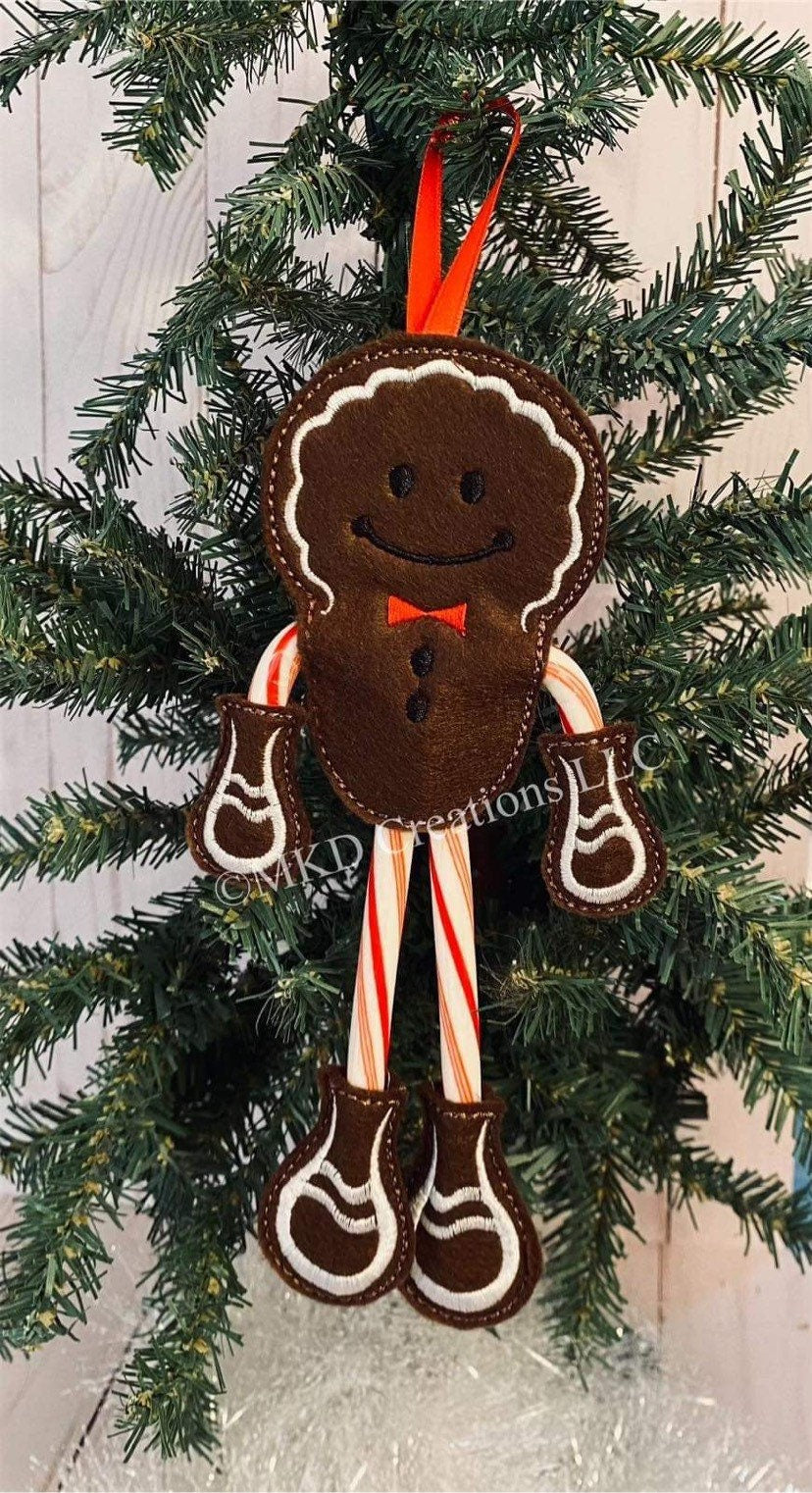 Vintage Felt embroidery Gingerbread girl and boy with ribbon hanger set | candy cane Christmas Ornament without candy cane |