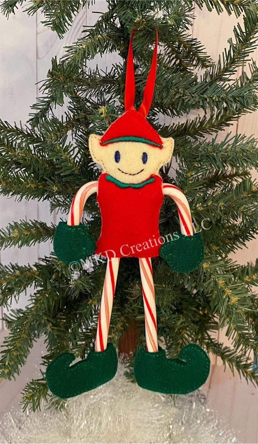 Vintage Felt embroidery Girl Elf Green and boy Elf Red with ribbon hanger set | candy cane Christmas Ornament without candy cane |