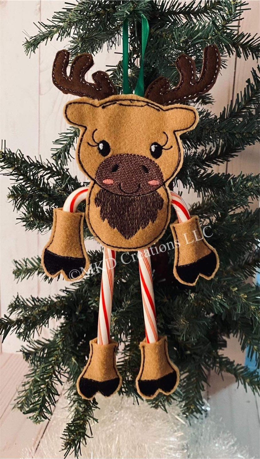 Vintage Felt embroidery moose with ribbon hanger set | candy cane Christmas Ornament without candy cane | FREE SHIPPING