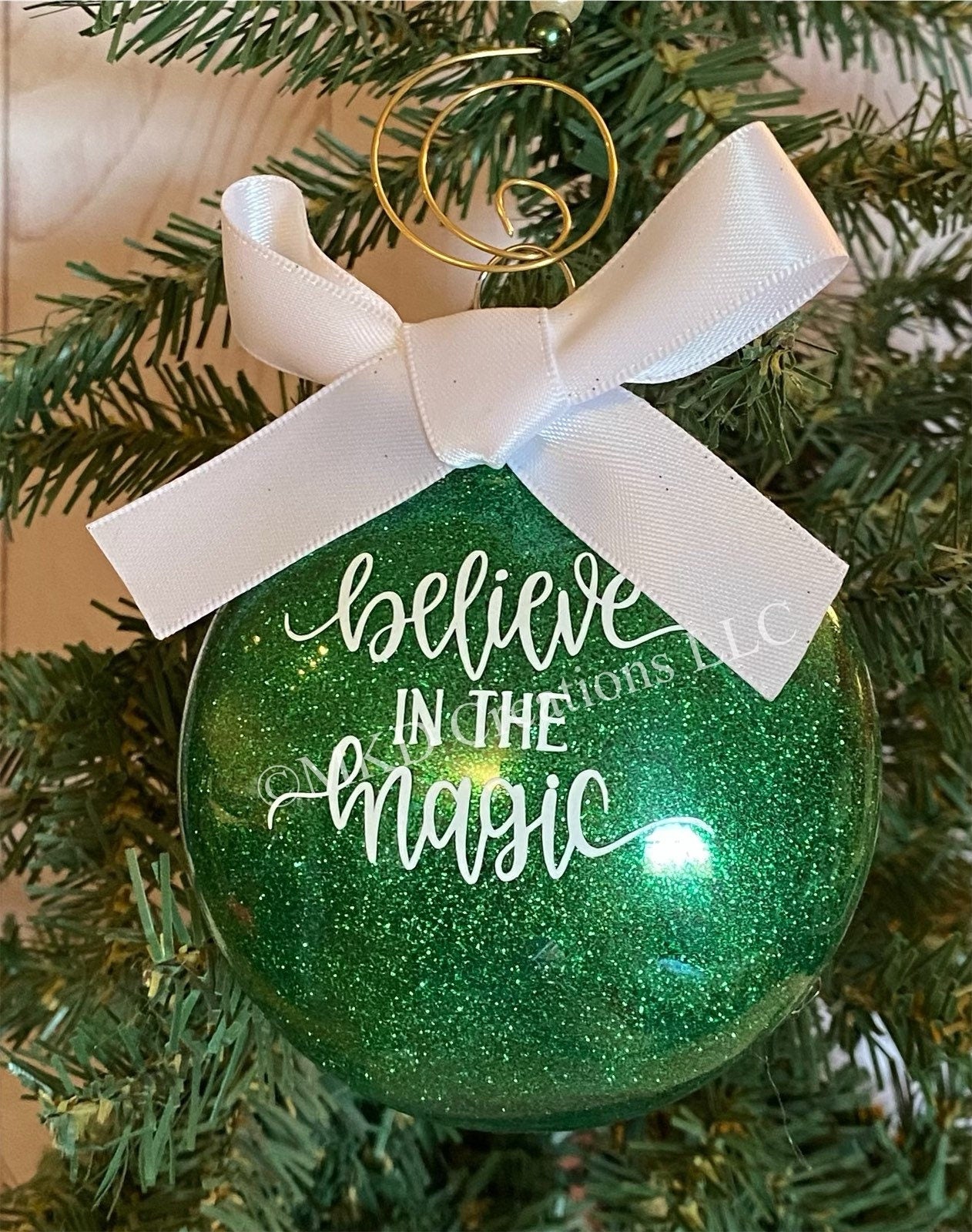 Believe in the Magic Glittered Ornaments | Plastic 3 inch disks filled with Blue glitter with hook & bow | Christmas Ornament